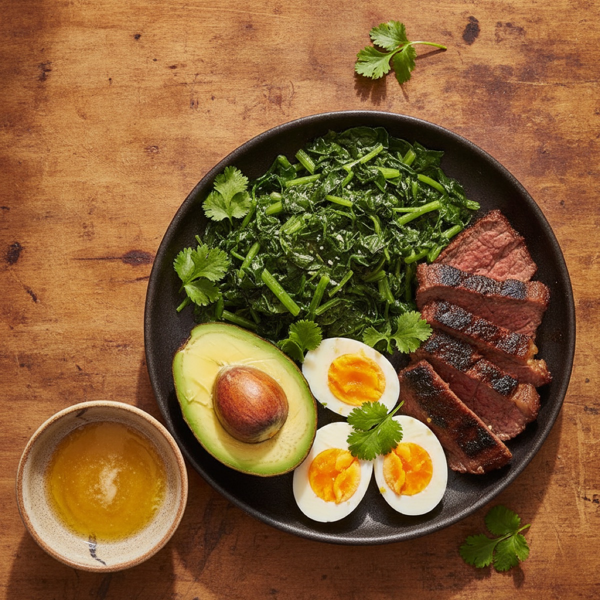 A Kenyan keto plate: avocado, sauteed greens, grilled beef and boiled eggs