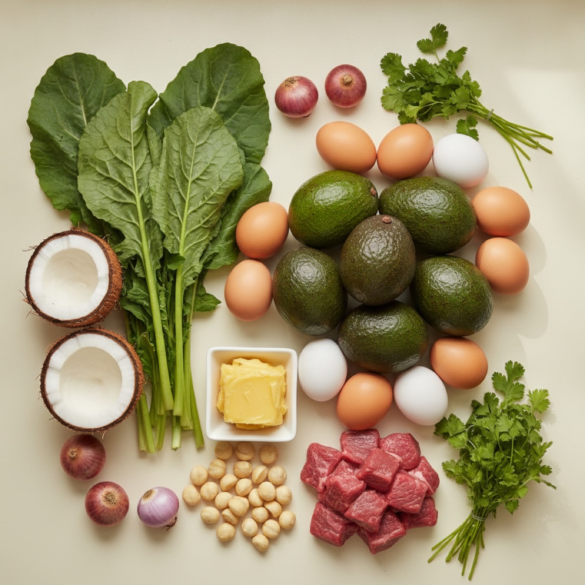 Fresh Kenyan keto ingredients: sukuma wiki, avocado, eggs, coconut, ghee and beef