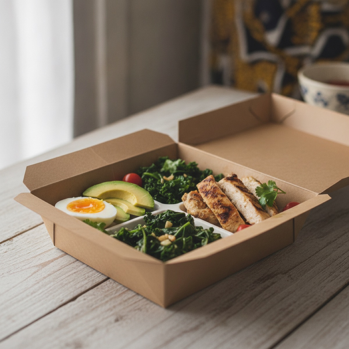 A prepared keto meal box: grilled chicken, avocado, greens and egg